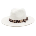 Detail of white straw fedora hat featuring leopard print ribbon and bow decoration - M (56-58cm) / White
