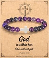 Purple agate beaded bracelet with white cross on decorative Psalm 46:5 scripture card - Purple Agate + Cross