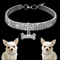 Three-row rhinestone pet collar with sparkling bone pendant and adjustable chain - White / S