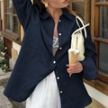 Deep blue linen casual long sleeve shirt for women styled with a white skirt - S / Tops / Navy Blue