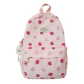 Pink school backpack featuring red strawberry patterns and a cute white plush pendant - Pink
