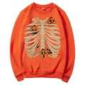 Orange Halloween hoodie with ribbed skeleton and pumpkin graphic print for men and women - S / Tops / Orange (Pumpkin Skeleton)