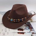 Dark brown cowboy felt hat with ethnic style beaded band and a blue gemstone centerpiece - Double Row Beads / Coffee