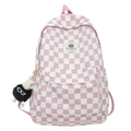 Pink checkerboard canvas backpack with cute plush charm and HUOHUO brand tag - Pink