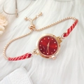 Elegant gold bracelet watch for women with a vibrant red dial and crystal hour markers - Red