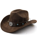 Détail d'un chapeau de cowboy en daim marron avec rivets étoile et pierres turquoise - M (56-58cm) / Café