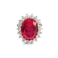 Top view of luxury S925 silver ring featuring a large oval ruby with diamond halo - Large Red Oval Gem