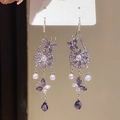 Elegant purple and clear crystal long tassel earrings with butterfly and flower design - Silver-Purple-Butterfly Flower