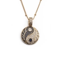 Golden Tai Chi Bagua pendant necklace with blue and clear zircon stones on white background - 40+5CM Bead Chain / Gold Tai Chi Style