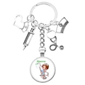 Silver medical keychain with nurse cartoon, stethoscope and syringe heart charms - Cartoon Nurse Injecting