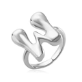Minimalist adjustable 3D liquid metal letter W ring with a polished silver finish - Letter W