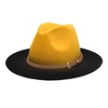 Close-up of yellow and black fedora hat with brown leather belt buckle detail - M (56-58cm) / Yellow + Black