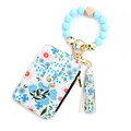 Floral PU leather card holder keychain set with blue silicone beaded wristlet strap - Light Blue