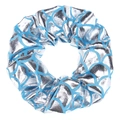 Detail view of silver and light blue fish scale pattern scrunchie with metallic shine - Silver & Blue