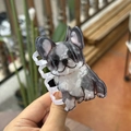 Close-up of French Bulldog shaped hair claw clip with marble texture acetate material - Pug Dog
