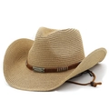 Classic straw cowboy hat with vintage bronze metal buckle and adjustable chin strap - M / Khaki