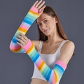 Rainbow striped knit arm warmers with thumb holes, 35cm long for cosplay and sun protection - Fingerless Gloves with Thumb Hole / Rainbow Striped Pink Trim