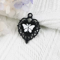 Detail of heart-shaped alloy pendant with white butterfly enamel and hollow-out design - 17-Black White Butterfly Heart