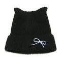 Close-up of black knit beanie with cat ear shape and white bow embroidery detail - M (56-58cm) / Black
