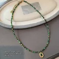 Tiger eye beaded necklace in forest green with vintage gold pendant and 5cm extension - Green Agate Necklace XL0702