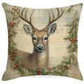 Square Christmas pillow case featuring a vintage stag and holly wreath on a beige background - YMD511-27 (Vintage Stag & Holly)