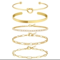 5er-Set goldbeschichtete Armbänder mit Paperclip-, Figaro- und Kristall-Tennis-Ketten - Gold (Knotenarmreif/Glatter Armreif/Weiße Zirkonia-Tenniskette/Figarokette/Büroklammerkette)