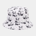 Close-up of white bucket hat featuring cute panda patterns and detailed reinforced stitching - M (56-58cm) / White