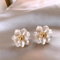 Minimalist white petal earrings with golden center on champagne satin background - No.12 Pearlescent White Layered Flower (XXX6973)