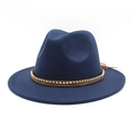 Classic navy blue fedora wool hat with flat wide brim and braided leather bead band - Navy Blue