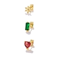 Gold stud earrings set with snowflake, green rectangle, and red heart gemstones - Gold Snowflake Colorful Gem 3-Piece Set (#49)