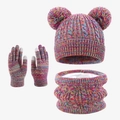 Space-dye winter knit set with double pom-pom beanie, scarf, and touch gloves - Multicolor