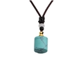 Detail of turquoise cylinder pendant with golden cap and brown braided necklace cord - Turquoise + 35CM Rope