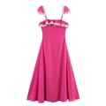 Maxikleid aus Chiffon in Rosenrot mit weißem Spitzenbesatz und Rüschendetails - XS / Rosarot