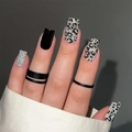 Long square nails with black gloss, silver glitter and leopard print pattern - Glue Style (Y-397)
