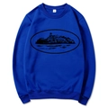 Navy blue crewneck sweatshirt with M size tag and architectural landscape graphic - Blue (Black Print)
