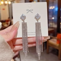 Silver geometric tassel drop earrings with sparkling rhinestones and S925 silver studs - Silver Full Zircon Long Tassel (E0361 Silver)
