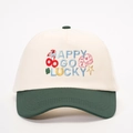 Zweifarbige Baseballkappe mit HAPPY GO LUCKY Stickerei und Würfelmotiven in Creme und Dunkelgrün - Creme/Dunkelgrün