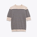 Top a maglia a righe con bordo smerlato e mezze maniche su sfondo neutro - S / Beige con Blu Navy