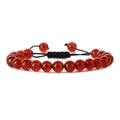 Close-up of red agate beaded bracelet with black handmade woven adjustable cord - Red Agate