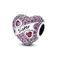 Silver sister heart charm with rose red stones for DIY jewelry bracelets - Pink Pave Heart Sister Charm