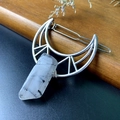 Detail of silver moon hair clip with a hanging black rutilated quartz crystal gemstone - Black Rutilated Quartz Hollow Hair Clip