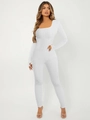 Close-up of white ribbed knit fabric on long-sleeve slim fit square neck bodysuit - White