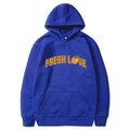Royal blue long-sleeve hoodie featuring Fresh Love graphic print and kangaroo pocket - Blue