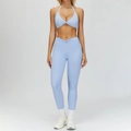 Conjunto de yoga azul claro con sujetador deportivo halter y mallas de cintura alta en V - S / Sujetador 4514 + Pantalón 4514 - Azul Montaña Soleada