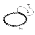 Detail of hand-woven black stone bracelet showing 4mm beads and 6x3mm triangular metal parts - 6mm Convex Rhombus