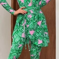 Women's pink and green tropical leaf print long sleeve surf set with waist skirt - One Size / Mini Skirt / Green Tropical Print