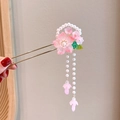 Ancient style hair stick with pink flower petals and pearl tassels in gold finish - Yingluo Tassel Pink