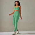 Detail of mint green seamless knit yoga set showing V-neck bra and high waist leggings - S / Top And Bottom / Cami Bra + Long Pants / Light Green
