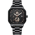 Poedagar black square men's watch with rose gold dial details and metal strap - 6288 Black Case Gold Marker Steel Band (Non-functional Sub-dials)