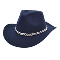 Elegant navy blue wool felt cowboy hat featuring a stylish silver chain band accessory - M (56-58cm) / Silver Chain Decoration / Navy Blue